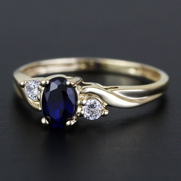 10k Yellow Gold Oval Blue Simulated Sapphire CZ Cubic Zirconia